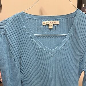 Tommy Hilfiger Women's Sky Blue Ribbed V-Neck Sweater